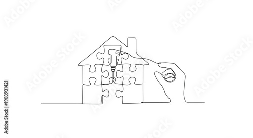 Hand assembling a house puzzle, real estate concept, line art
