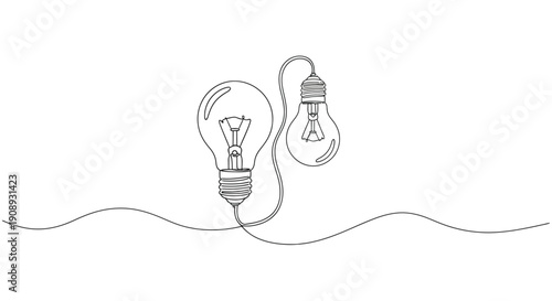Two light bulbs connected by a wire, concept of shared ideas, line art