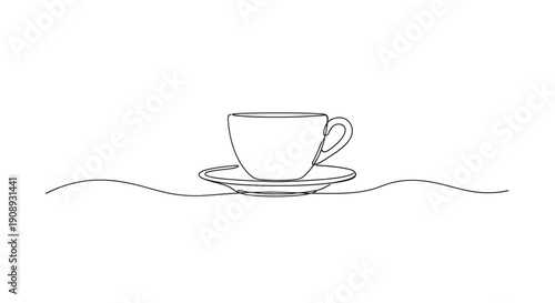 Coffee cup and saucer, simple line art illustration, morning beverage