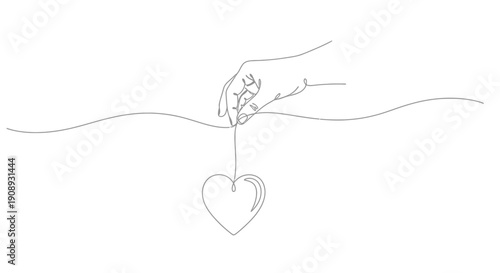Hand holding a heart on a string, love and connection concept, line art