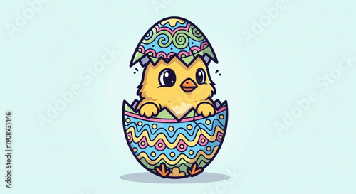 Yellow Chick Hatching from Colorful Easter Egg on Light Blue Background
