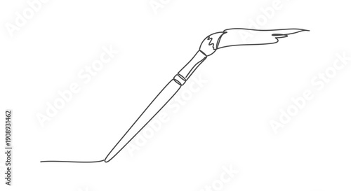 Paintbrush with paint stroke, creative art tool, single line drawing