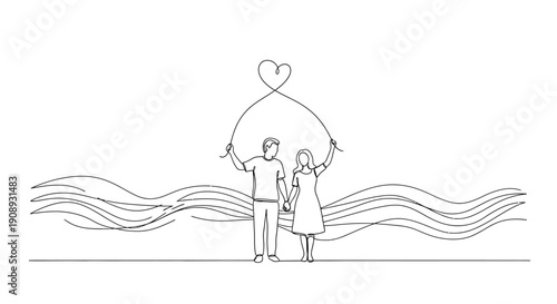 Couple holding hands with heart in the air, love and romance illustration