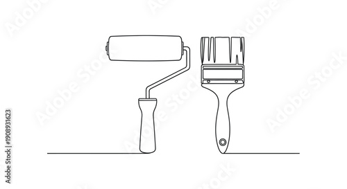 Paint roller and wide paintbrush crossed, line drawing