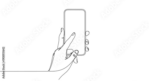 Hand touching smartphone screen with one line art