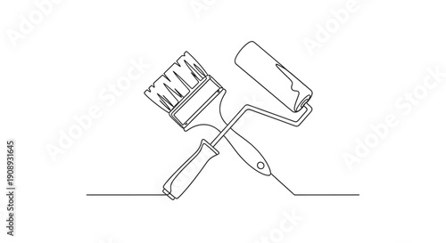 Paintbrush and roller crossed, dynamic line art