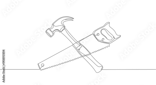 Crossed hammer and hand saw, tools for DIY and construction, line art.