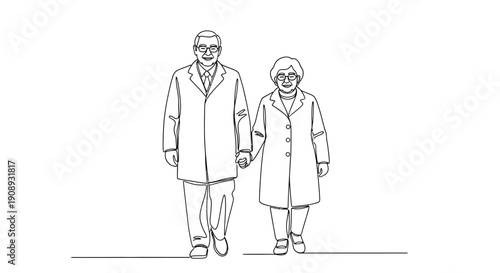 Elderly couple holding hands and walking, minimal line drawing.