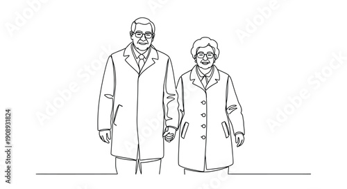 Elderly couple holding hands, smiling, minimal line drawing.