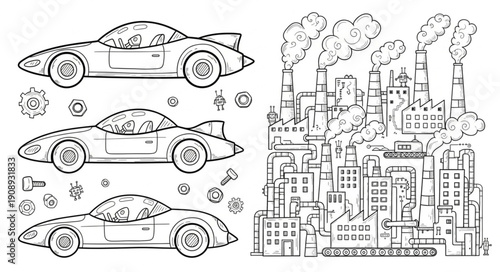 Three vintage sports cars and a stylized industrial city illustration.