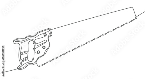 Saw blade with handle, tool for cutting wood, continuous line art.