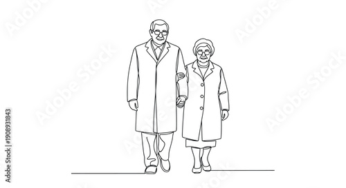 Elderly couple arm in arm walking, minimal line drawing.