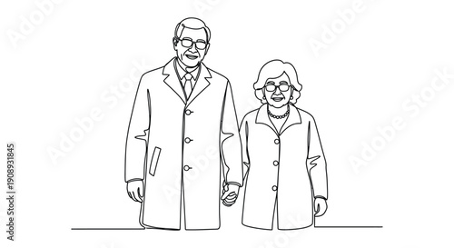 Smiling elderly couple holding hands, minimal line drawing.