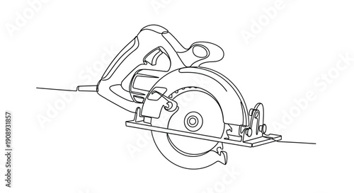 Circular saw, power tool for cutting wood, minimalist line art.