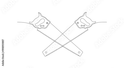 Two crossed hand saws, tools for woodworking, minimalist line art.