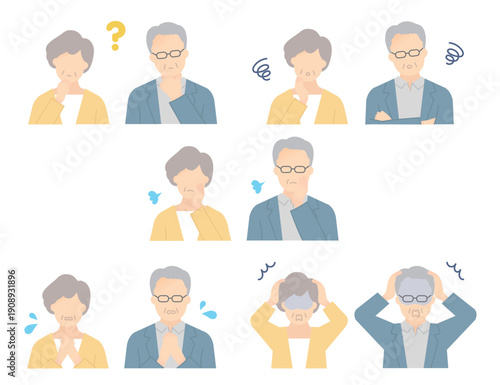 困った表情のシニア男女の上半身イラスト