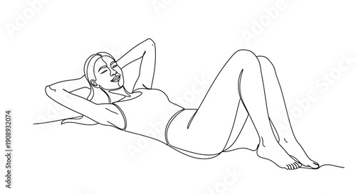 Woman Relaxing, Single Line Drawing Style