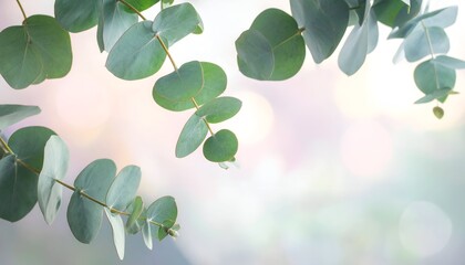 Close-up of eucalyptus branches with round leaves against a soft, blurred background