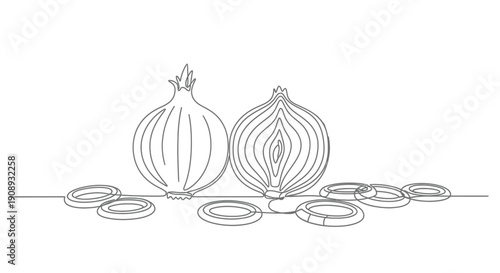 Onion and rings in continuous line art on white background