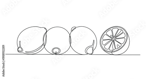 Continuous line art of lemons and a sliced lemon