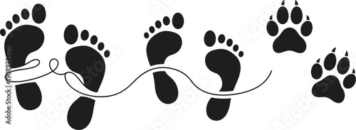 Human and animal footprint trail with leash connection icon black silhouettes for walking tracking path vector design