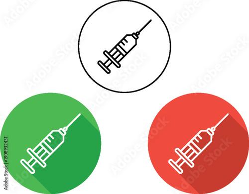 Syringe Icon In Green And Red Circles With Shadow, Medical Vaccination Concept
