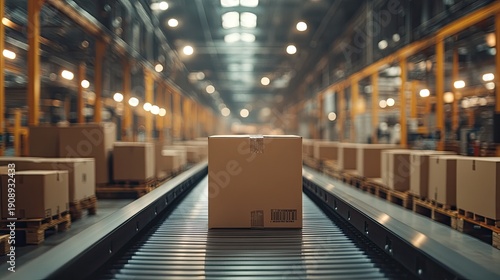 Cardboard boxes move along a conveyor belt in a distribution warehouse. Showcasing logistics, shipping, manufacturing, and supply chain concepts.