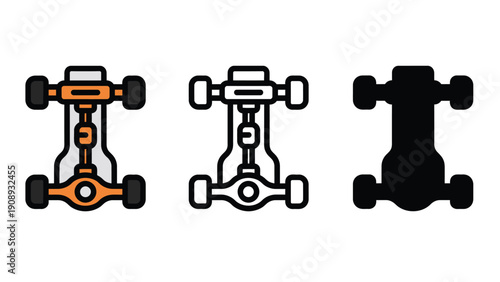 Car chassis icon set including orange, line and silhouette illustrations