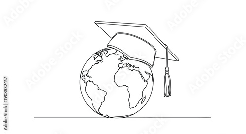 Graduation Cap on a Globe in Line Art