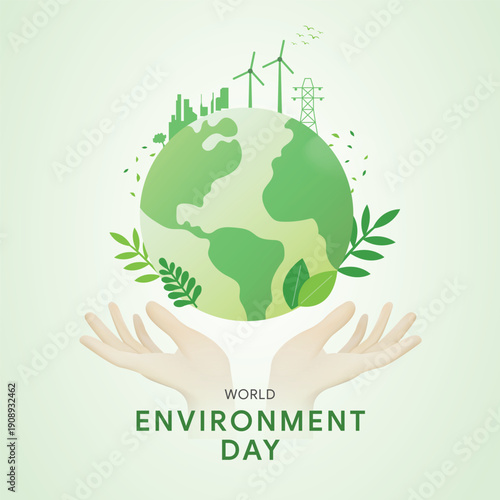 World Environment day logo, poster. Hands holding and green plant earth. Protecting our planet. Abstract vector illustration
