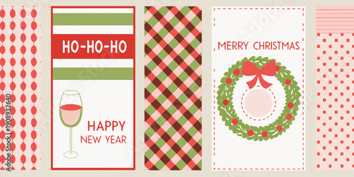 Festive christmas and new year themed patterned cards and wreath illustration