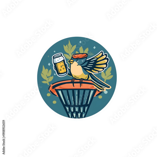 The disc golf logo features a small bird holding a can, flying towards the disc golf net.