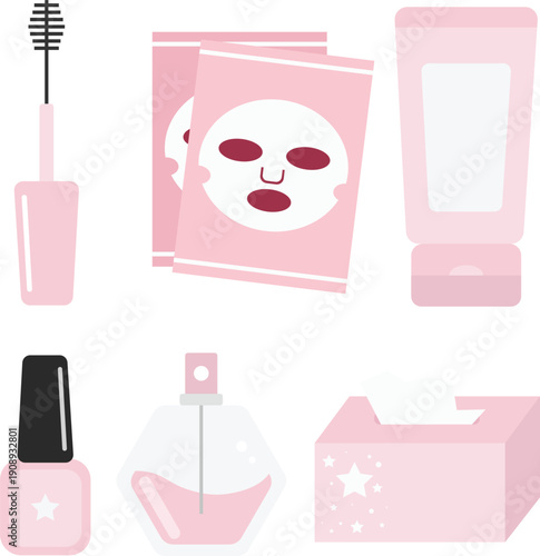 Cute pastel pink beauty and skincare vector set featuring essential cosmetic products in flat design style. The illustration includes mascara, sheet face mask packs, cream tube, etc