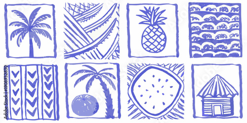 Blue sketches of tropical elements palm trees pineapples and coastal scenes