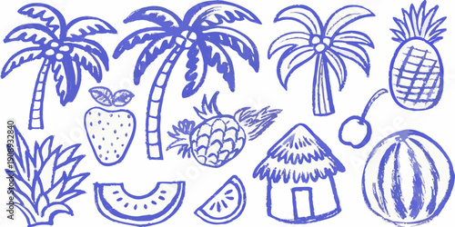 A playful blue sketch of tropical fruits palm trees and a beach hut