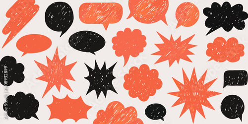 Abstract arrangement of colorful speech bubbles and expressive shapes on a white background