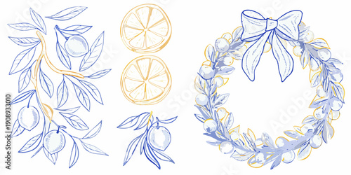 Delicate sketches of lemon branches slices and a decorative wreath design
