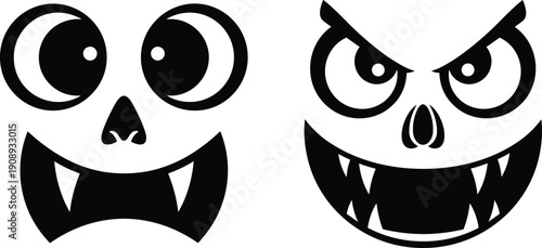 Spooky Halloween pumpkin face silhouettes with scary eyes and evil toothy grins isolated on white background for jack-o-lantern carving stencils and holiday party decorations.