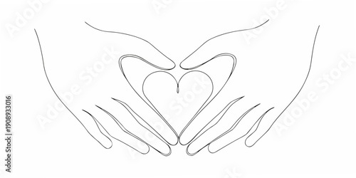 Hands gently cradling a heart shape in a minimalist line art style