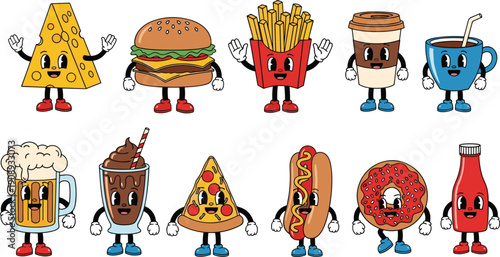 Vintage cartoon fast food mascot collection featuring burger pizza fries and drink characters in retro rubber hose style for stickers and brand identity designs.