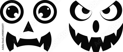 Spooky and scary pumpkin face silhouettes with evil grins and jagged teeth isolated on white background for Halloween jack-o-lantern carving stencil and party decor.