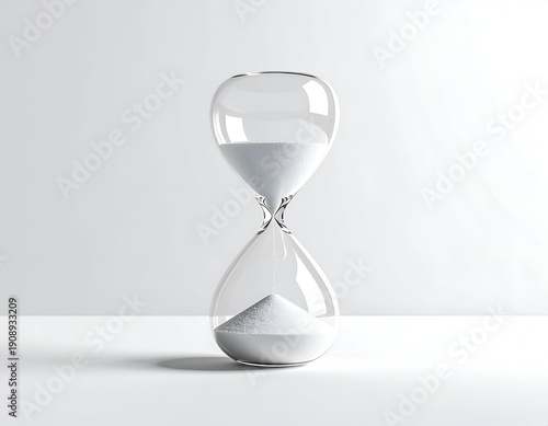 A classic hourglass made of transparent glass with white sand, on a white surface