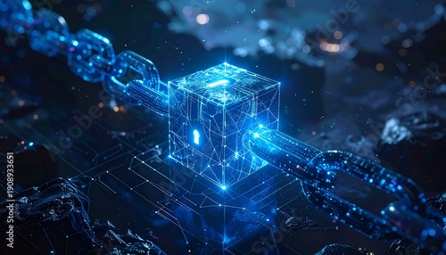 A glowing digital chain connects to a cube with a lock, set against a dark, cosmic background