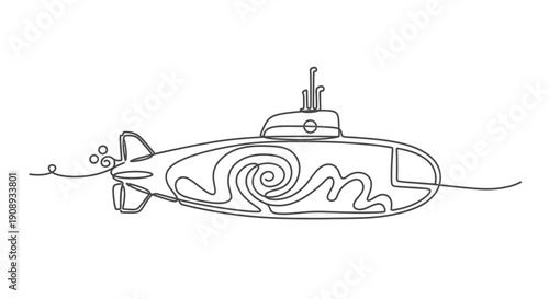 Submarine Sailing on Water in Minimalist Line Art Style