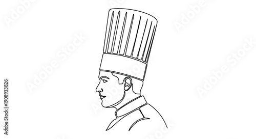 Chef in Profile Wearing Tall Hat, Minimalist Line Art