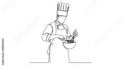 Chef Whisking Ingredients in Bowl, Minimalist Line Art