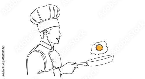 Chef Cooking Fried Egg in Pan, Minimalist Line Art
