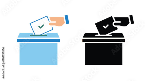 Voting icon with hand putting ballot into box in blue and black