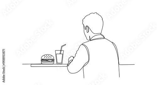 Man Eating Burger and Drink, Minimalist Line Art