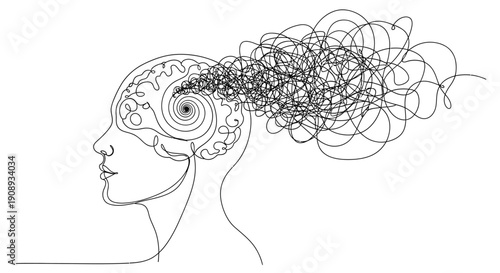 Head Profile with Swirling Brain and Tangled Thoughts